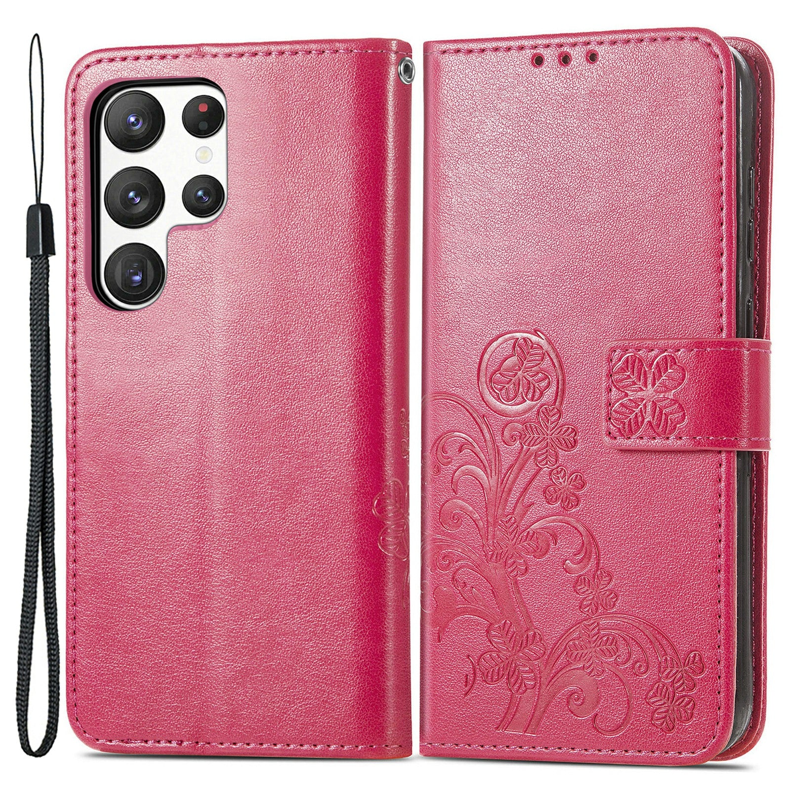 For Samsung Galaxy S23 Ultra Four-leaf Clover Imprinted Phone Case Stand Drop-proof Phone Flip Leather Wallet Cover with Wrist Strap For Samsung Galaxy S23 Ultra Four-leaf Clover Imprinted Phone Case Stand Drop-proof Phone Flip Leather Wallet Cover with Wrist Strap